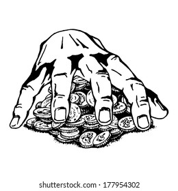 hand drawn, vector, sketch illustration of hand raking coins