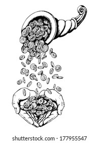 Hand Drawn, Vector, Sketch Illustration Of Cornucopia, Rain Money