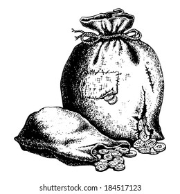 hand drawn, vector, sketch illustration of bags of coins