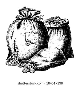 hand drawn, vector, sketch illustration of bags of coins