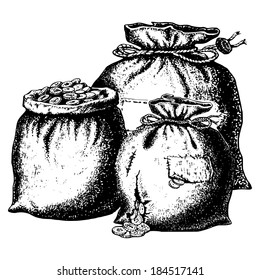 hand drawn, vector, sketch illustration of bags of coins