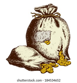 hand drawn, vector, sketch illustration of bags of coins