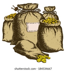 hand drawn, vector, sketch illustration of bags of coins