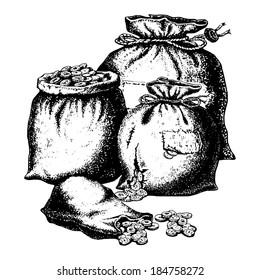 hand drawn, vector, sketch illustration of bags of coins