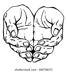 hand drawn, vector, sketch illustration of hands, hands folded scoop