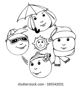 hand drawn, vector, sketch, illustration of four seasons in one picture