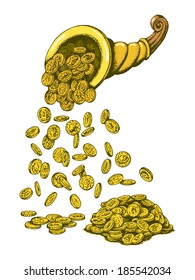 Hand Drawn, Vector, Sketch Illustration Of Cornucopia, Rain Money