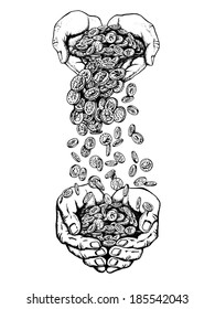 hand drawn, vector, sketch illustration of rain money