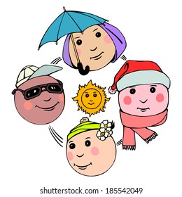 hand drawn, vector, sketch, illustration of four seasons in one picture