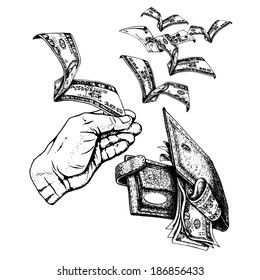 hand drawn, vector, sketch illustration of banknote in hand and partmone, wallet