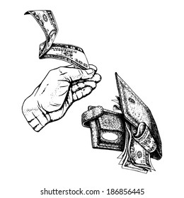hand drawn, vector, sketch illustration of banknote in hand and partmone, wallet