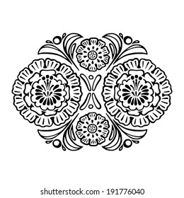 hand drawn, vector, sketch, illustration of floral decorative ornament in Ukrainian folk style