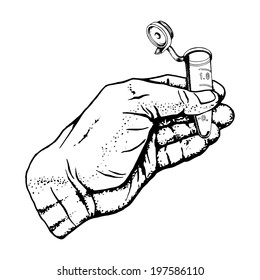 hand drawn, vector, sketch illustration of micro-tube in the hand