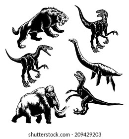 hand drawn, vector, sketch illustration of collection of prehistoric animals