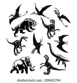 hand drawn, vector, sketch illustration of collection of prehistoric animals