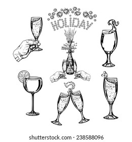 hand drawn, vector, sketch illustration of collection of bottles and glasses