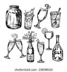 hand drawn, vector, sketch illustration of collection of bottles and glasses