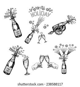 hand drawn, vector, sketch illustration of collection of bottles and glasses
