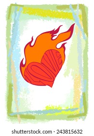 hand drawn, vector, sketch illustration of Valentine's Day grunge card with heart burning with love