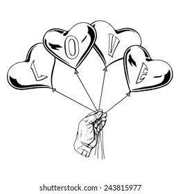 hand drawn, vector, sketch illustration of balloons in the form of a heart with the word love