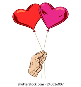 hand drawn, vector, sketch illustration of balloons in the form of heart in his hand