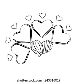 hand drawn, vector, sketch illustration of flower with petals in the form of heart