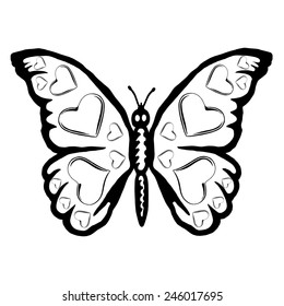 hand drawn, vector, sketch illustration of butterfly with hearts on wings