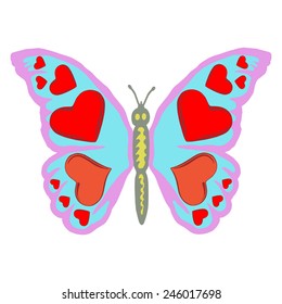 hand drawn, vector, sketch illustration of butterfly with hearts on wings