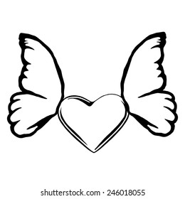 hand drawn, vector, sketch illustration heart with wings butterfly