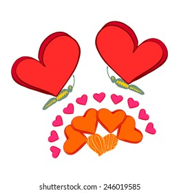 hand drawn, vector, sketch illustration of flower with petals in the form of heart and butterflies
