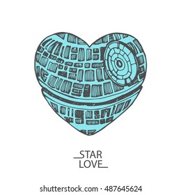 Hand Drawn Vector Sketch Illustration Of A Love Heart Star Wars Valentine's Day
