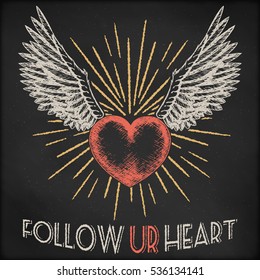 Hand drawn vector sketch illustration - creative vintage valentines day love card design, heart with sunburst and wings, black chalkboard background.