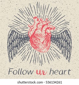 Hand drawn vector sketch illustration - creative vintage tee shirt apparel print poster design, flying human heart with sunburst and wings, grunge paper background.