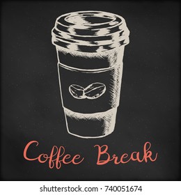 Hand drawn vector sketch illustration - coffee shop or cafe menu, creative vintage tee shirt apparel print poster design, Take away coffee paper cup and beans., black chalkboard grunge background.