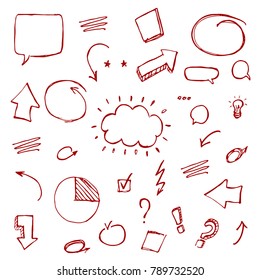 Hand drawn vector sketch illustration - speech bubbles, arows, punctuation marks in burgundy color
