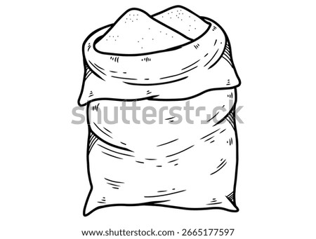 Hand drawn vector sketch illustration of a burlap sack filled with a pile of flour