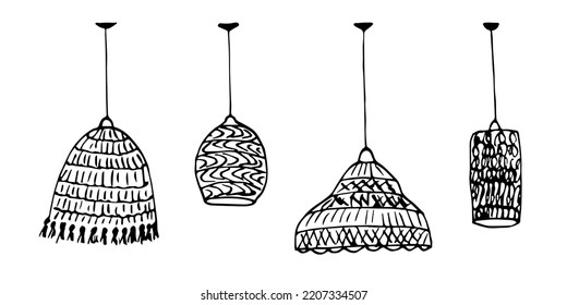 Hand drawn vector sketch in ink. A set of wicker lampshades, chandeliers in boho style. Interior decor.