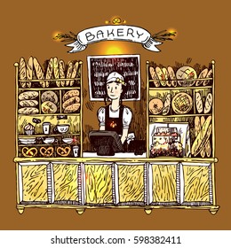 Hand drawn vector sketch interior of bakery shop. Illustration for magazine, newspaper, packaging, advertising, etc.