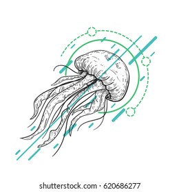 Hand drawn vector sketch of jellyfish with abstract geometric shapes. Vintage illustration in line art style.