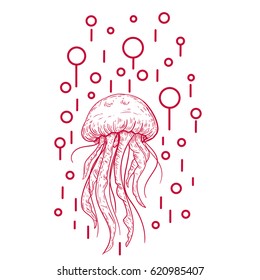 Hand drawn vector sketch of jellyfish with abstract geometric shapes. Vintage illustration in line art style.