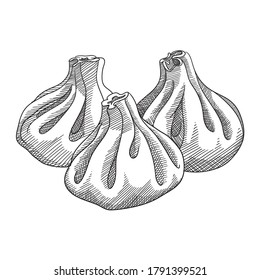 Hand drawn vector sketch of khinkalis. Meat dumplings. National Traditional dish of Georgian cuisine