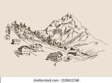 Hand drawn vector sketch of landscape with village in mountains valley