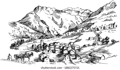 Hand drawn vector sketch of landscape with village in mountains valley, Farm, farmer, bullock animal, indian bael gadi, bail gadu, factory, wind power