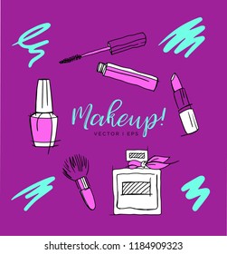 Hand drawn vector sketch, make up accessories, lipstick, abstract perfume, nail polish, makeup brush, mascara. Isolated on the white background.