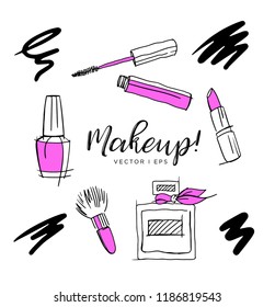 Hand drawn vector sketch, make up accessories, lipstick, abstract perfume, nail polish, makeup brush, mascara. Isolated on the white background.
