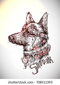 Hand drawn vector sketch of mechanical dog. Steampunk style illustration. Symbol of 2018 new year. Us for Invitations, flyers, postcards, smartphone covers etc