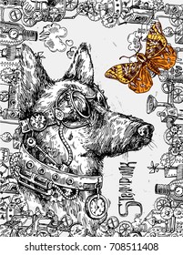 Hand drawn vector sketch of mechanical dog. Steampunk style illustration. Symbol of 2018 new year. Us for Invitations, flyers, postcards, smartphone covers etc