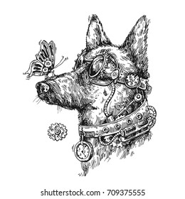 Hand drawn vector sketch of mechanical dog. Steampunk style illustration. Symbol of 2018 new year. Us for Invitations, flyers, postcards, smartphone covers etc