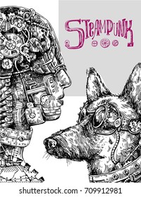 Hand drawn vector sketch of mechanical dog and human. Steampunk style illustration. Symbol of 2018 new year. Us for Invitations, flyers, postcards, smartphone covers etc