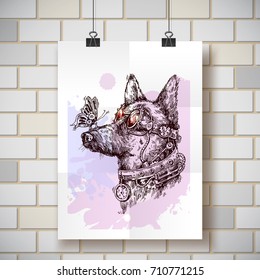Hand drawn vector sketch of mechanical dog. Steampunk style illustration. Symbol of 2018 new year. Us for Invitations, flyers, postcards, smartphone covers etc